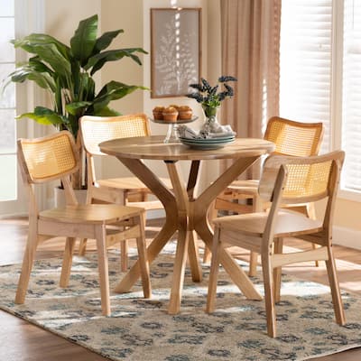 Camilo Mid-Century Oak Brown Finished Wood and Rattan 5-Piece Dining Set