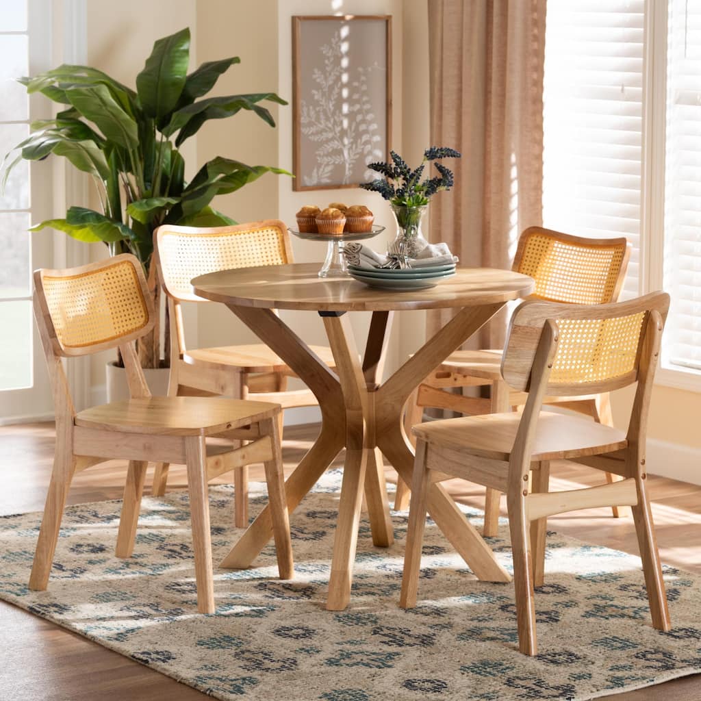 Camilo Mid-Century Oak Brown Finished Wood and Rattan 5-Piece Dining Set