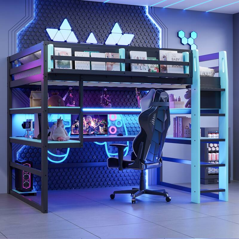 Loft Bed with Wraparound Study Hub, Side Storage Rack, USB Charging & RGB Light by Harper&Bright Designs - Blue - Twin