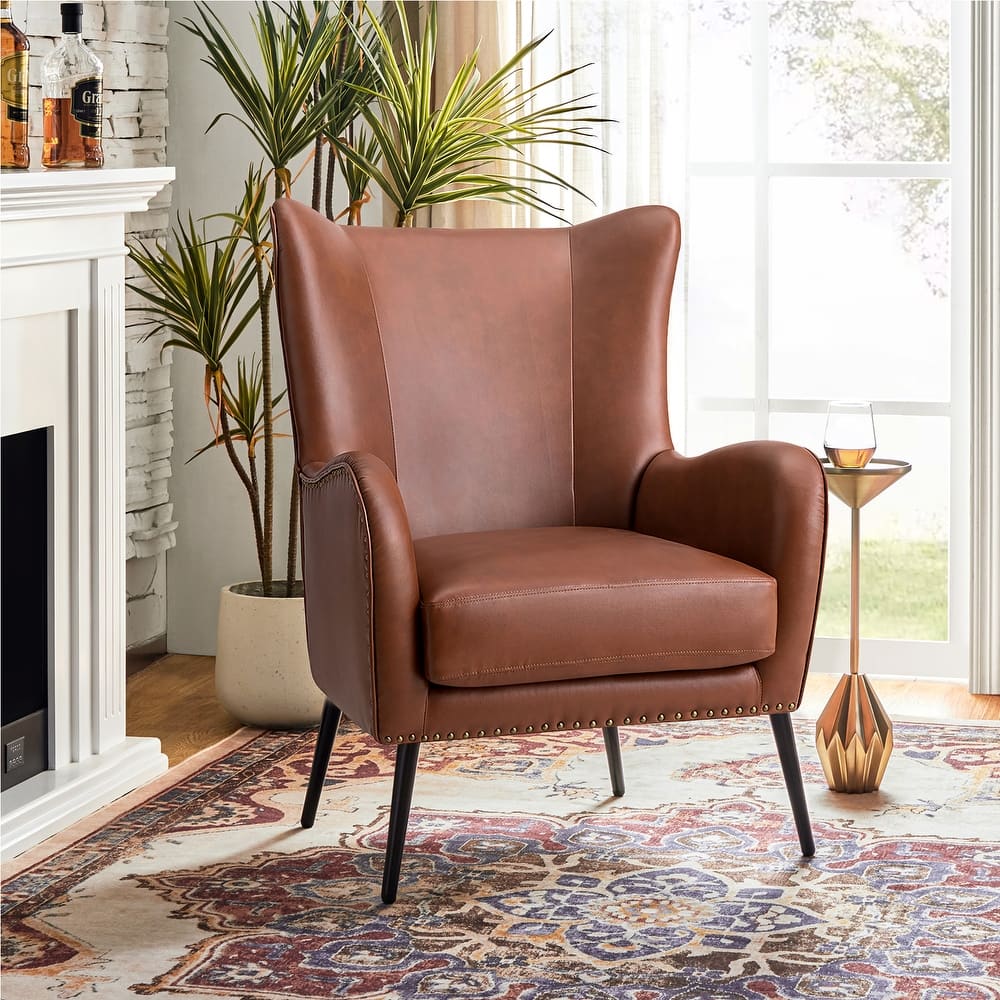 Invidiae Faux Leather Wingback Armchair with Nailhead and Metal Legs by HULALA HOME