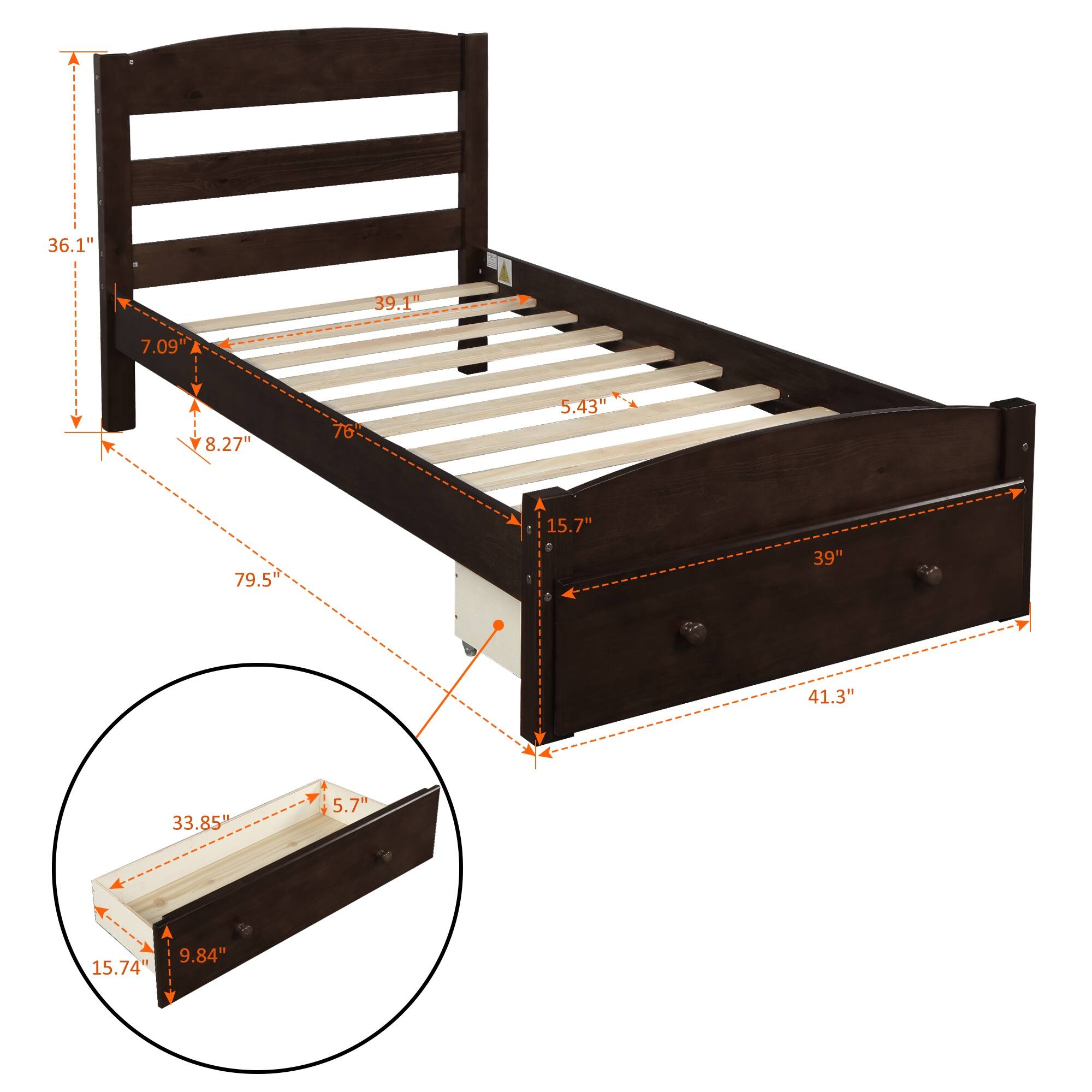 Solid Wood Platform Twin Bed Frame with Storage Drawer Pine Wood