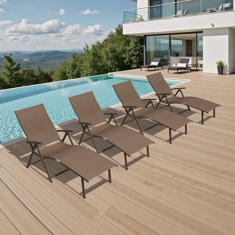 Crestlive Products Outdoor Aluminum Folding Adjustable Chaise Lounge Chair - Brown - 4PC