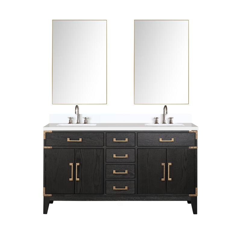 Laurel 60 in W x 22 in D Black Oak Double Bath Vanity, White Quartz Top, Faucet Set, and 28 in Mirrors