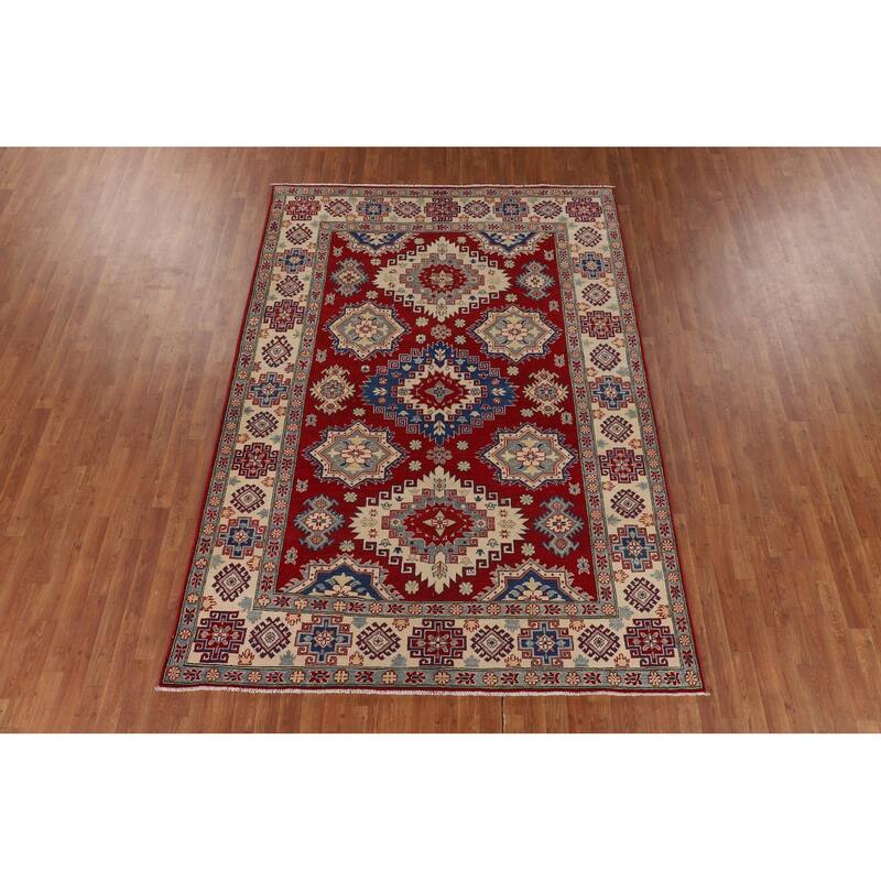 Red Geometric Kazak Rug Hand-Knotted Living Room Wool Carpet - 6'9" x 9'6"