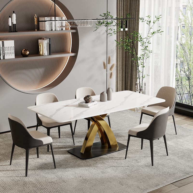 Modern White Rectangular Dining Table,Sintered Stone top,Gold X-Shaped