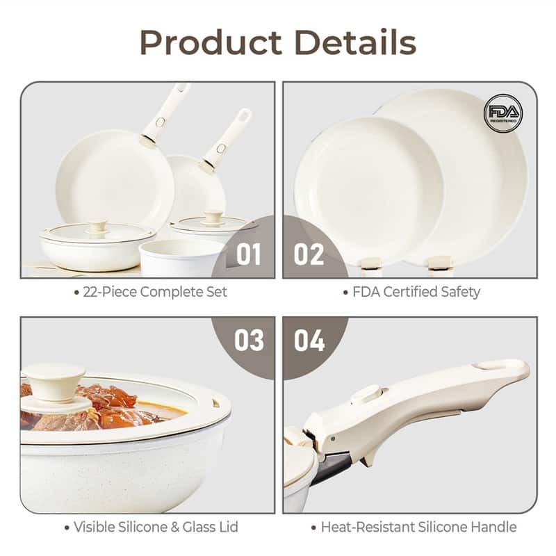 22 Pcs Nonstick Pots And Pans Set Cast Aluminum Cookware Set With Detachable Handles