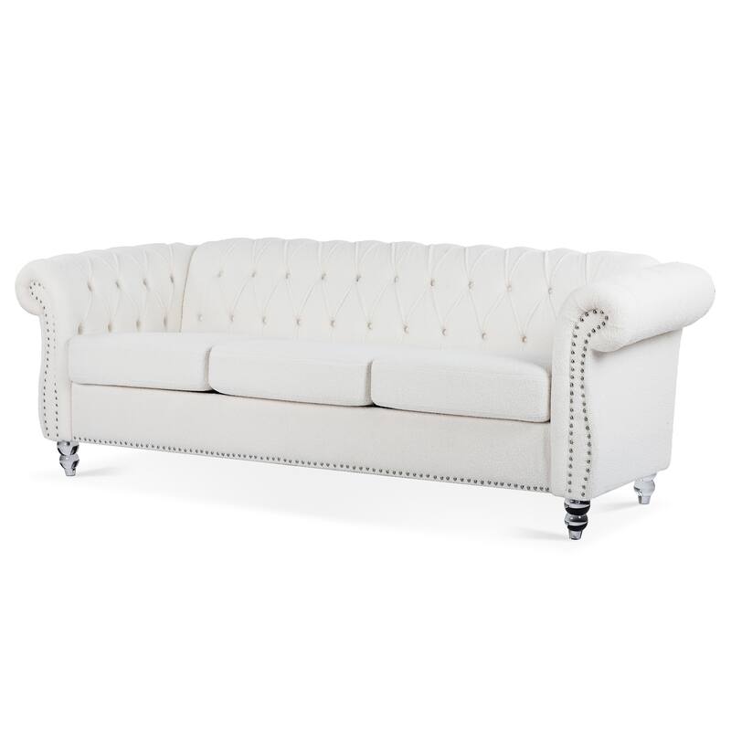 Chesterfield Fabric 3 Seater Sofa, Tufted Upholstered Sofa with Rolled Arms, Lounge Sofa Chair with Wooden Legs