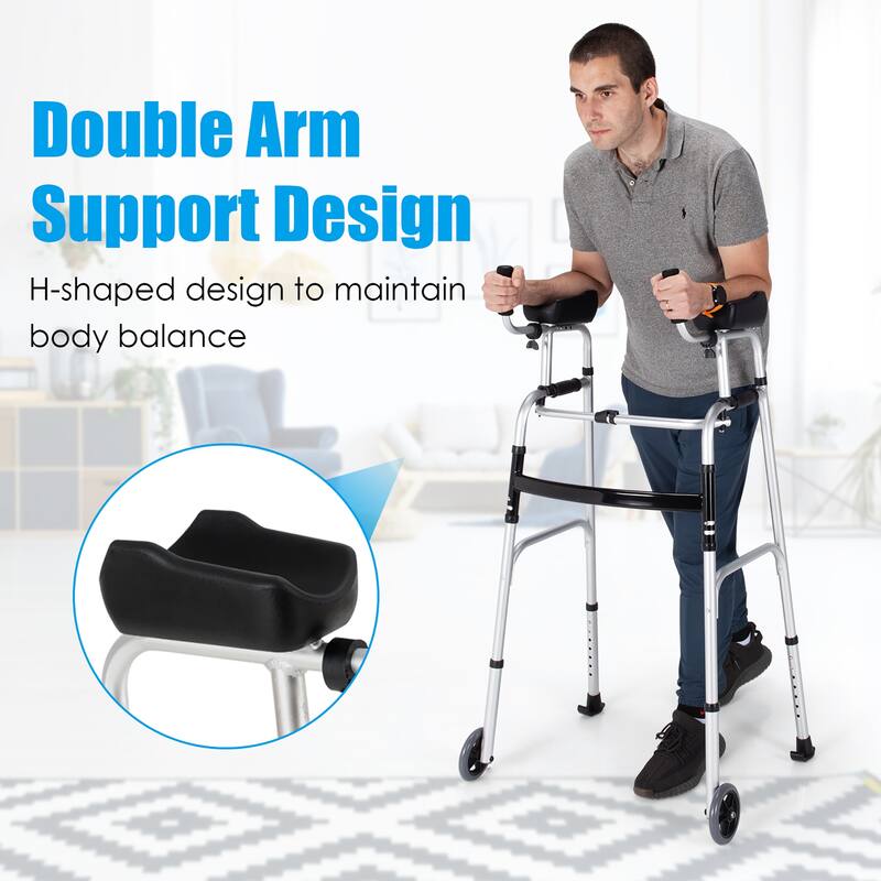Costway Folding Wheel Walking Frame Adjustable Alloy Walker W/Armrest - See Details