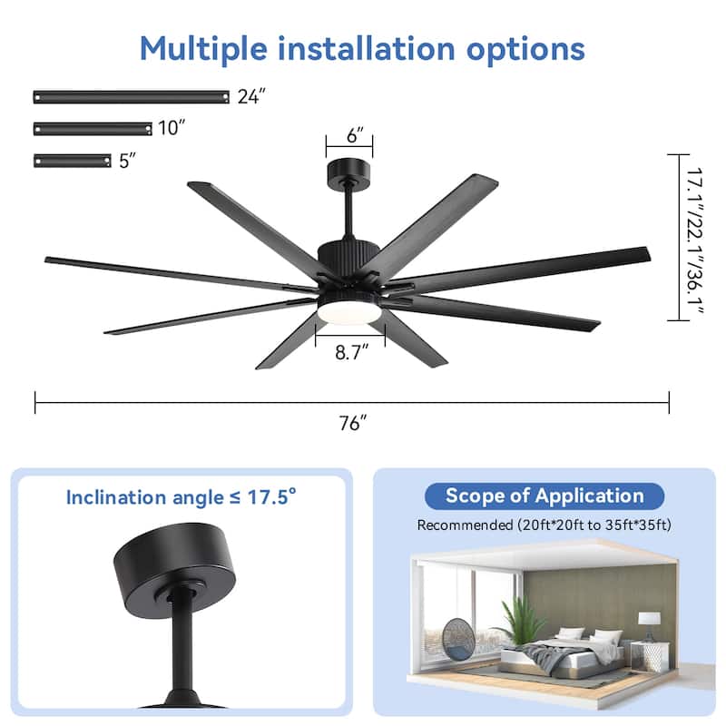 52"/66"/72"/76 Inch Modern Ceiling Fan with Dimmable LED Light ,Remote&APP Control,8 Blades for Large Living Room,Porch
