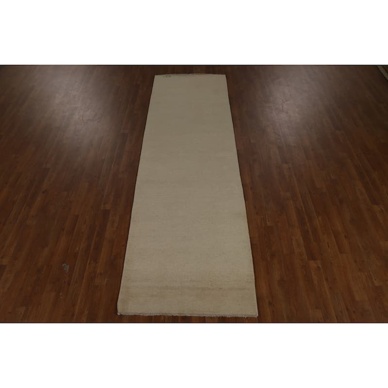 Modern Gabbeh Runner Rug Hand-Knotted Beige Solid Wool Carpet - 3'1" x 9'11"
