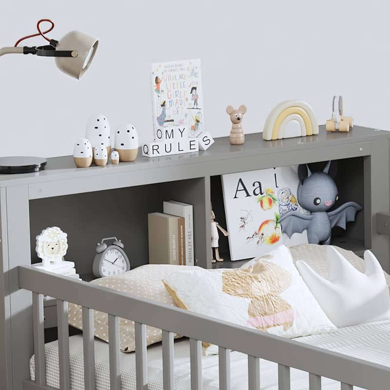 Twin Platform Bed with Storage Headboard, Under-Bed Drawers, and Three-Side Safety Guardrails