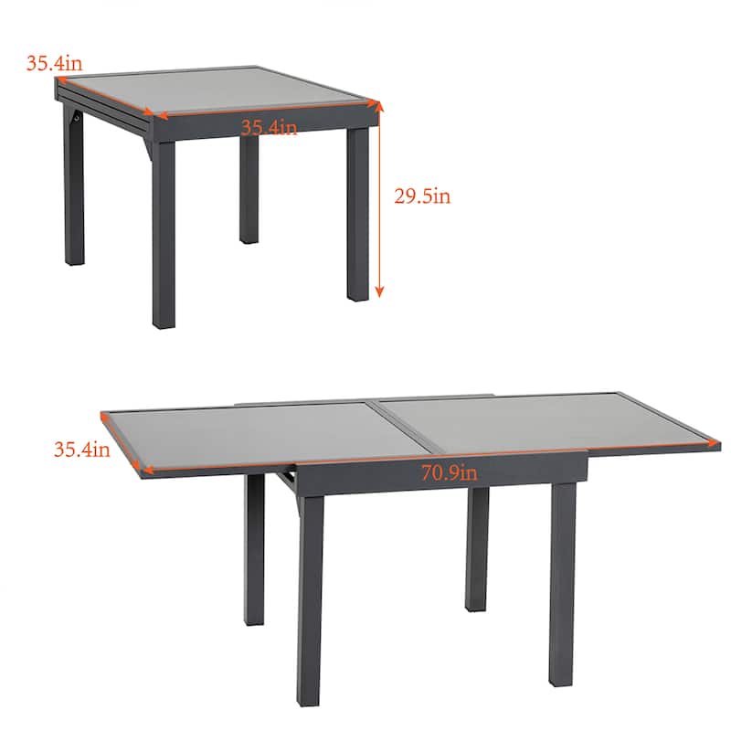 Crestlive Outdoor Aluminum Expandable Dining Table Extension Leaf Glass Tabletop - 35.4"W x 35.4-70.9"L x 29.5"H
