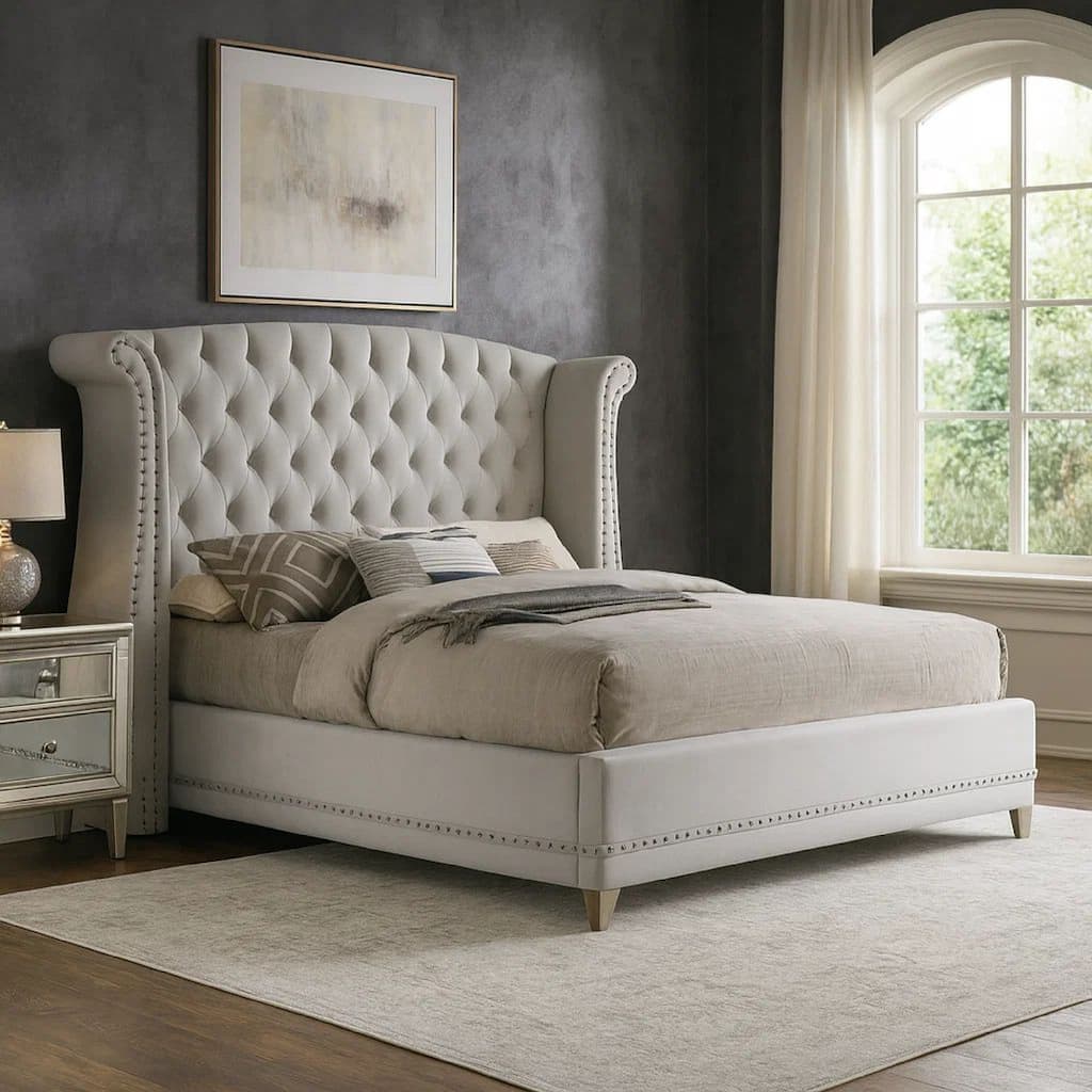Dini California King Bed, Crystal Button Tufting, White Velvet Upholstery