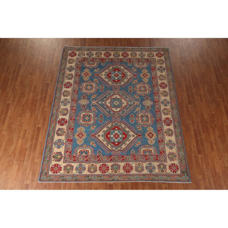 Blue Geometric Kazak Area Rug Handmade Wool Carpet - 8'0" x 9'10"