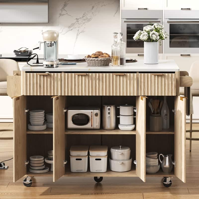 Fluted 55.5" Kitchen Island with Drop Leaf, Rolling Island Table with Drawers, Power Outlet for Functional Kitchen Organization