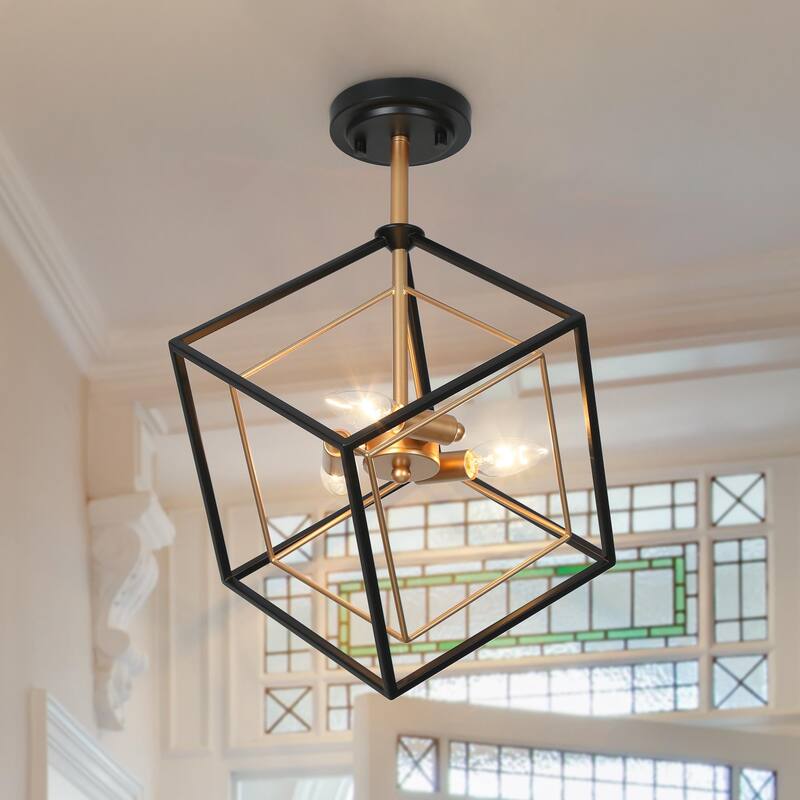 Modern Farmhouse 3-Light Black Gold Lantern Semi-flush Mount Transitional Sputnik Ceiling Lights