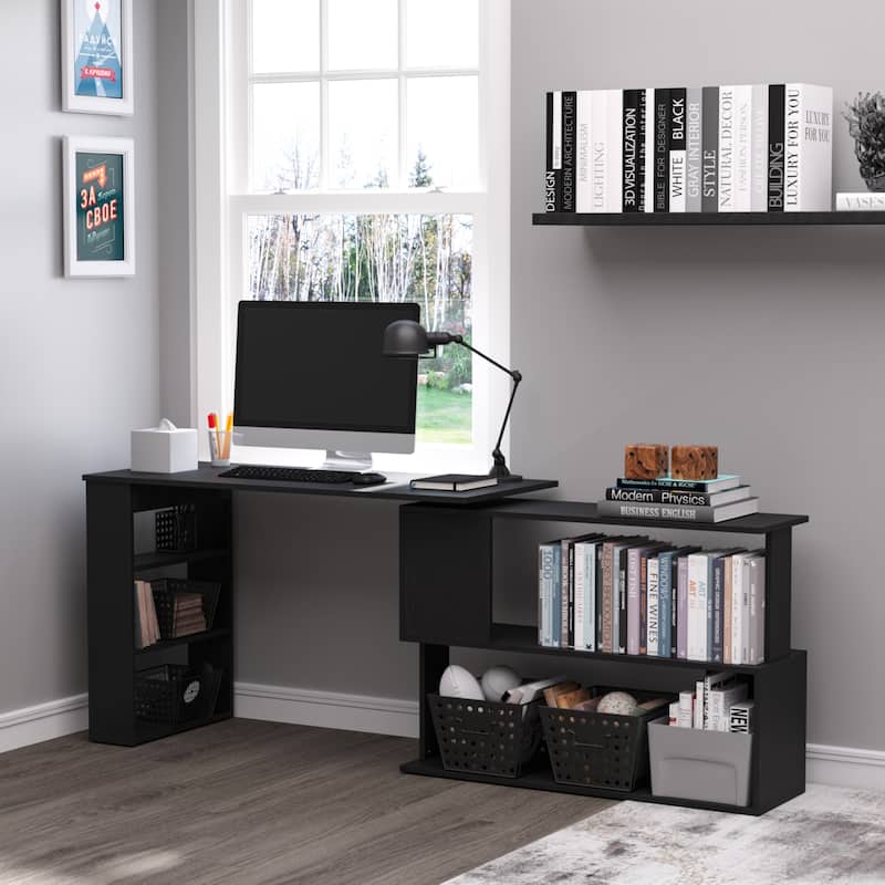 HomCom Modern L Shaped Rotating Computer Desk with Bookshelves