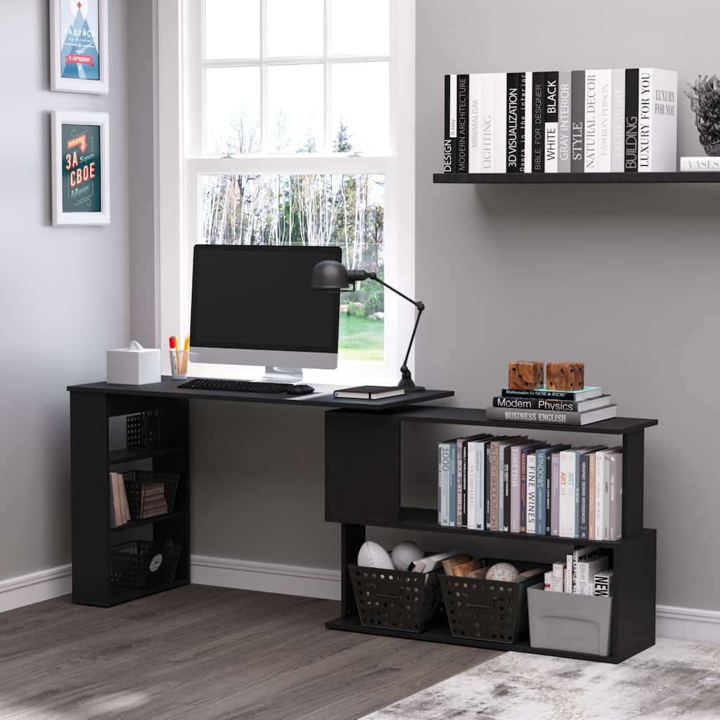 HomCom Modern L Shaped Rotating Computer Desk with Bookshelves