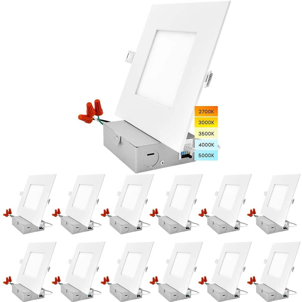 Luxrite 6" Square LED Recessed Lighting, Color Temperature Selectable 2700K / 3000K / 3500K / 4000K / 5000K, 12-Pack