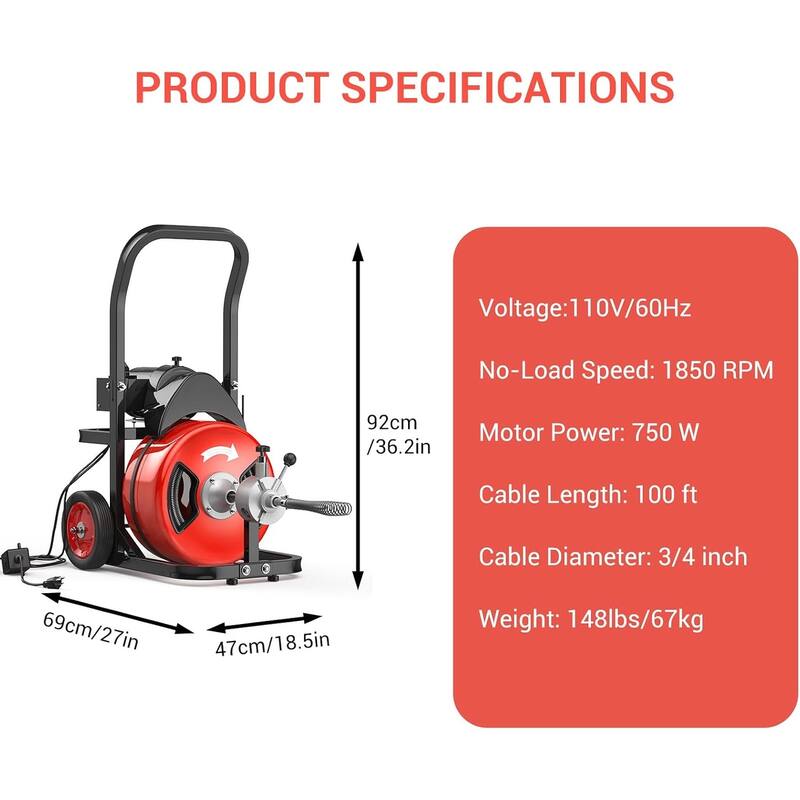Auto-Feed Portable Electric Drain Cleaning Machine for 2" to 4" Pipes