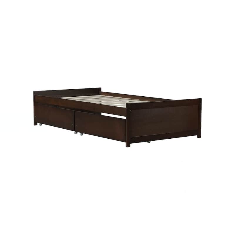 Twin Size Bed with 2 Drawers, Solid Rubber Wood Bed