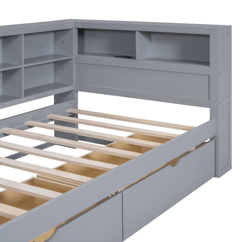 Wooden Twin Daybed with 2 Storage Drawers, USB Charging Station & Storage Shelf in Grey/White Finish