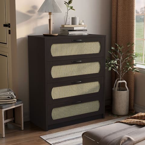 DH BASIC Espresso & Faux Rattan Webbed 4-drawer Mini Chest by Denhour