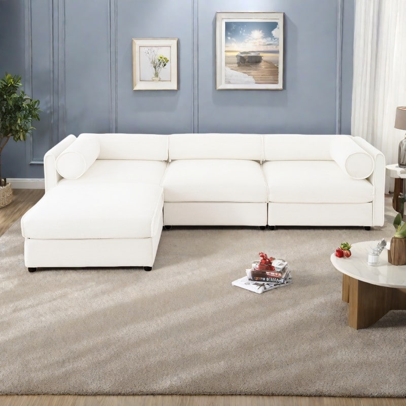 109" L-Shaped 3-Seater Chenille Sofa with Ottoman and Hidden Storage(Cylindrical Backrest Design)