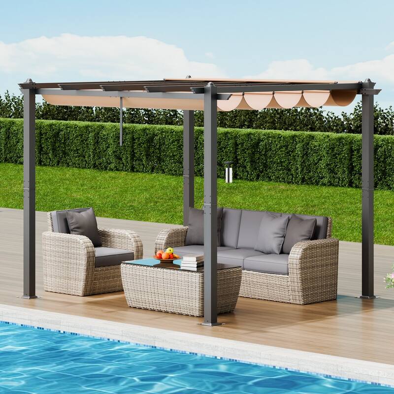 10 x 10 Feet Outdoor Retractable Pergola with Sunshade Canopy and Heavy-Duty Aluminum Frame