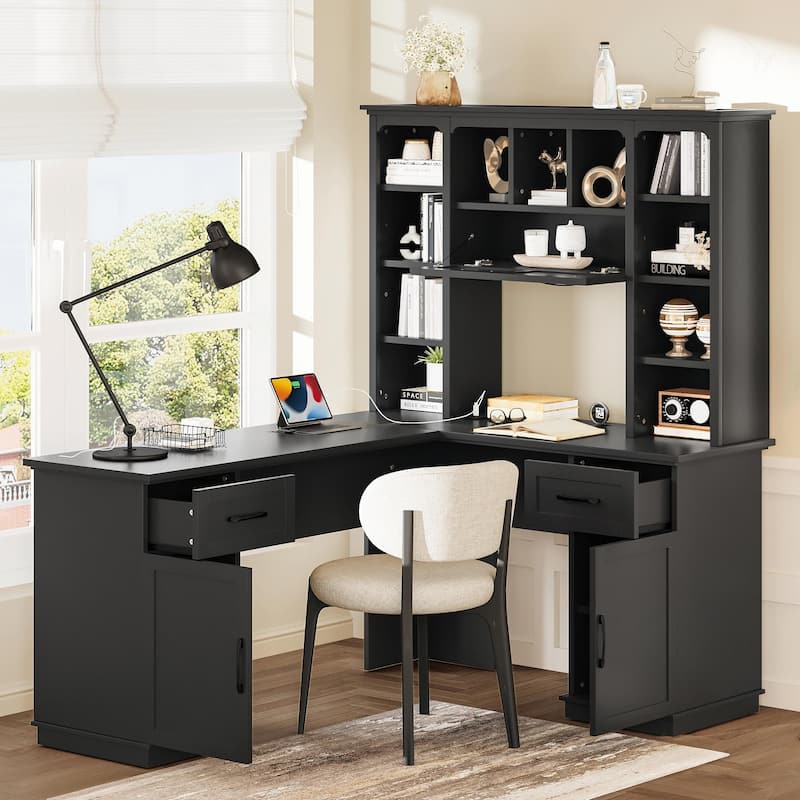 L-Shaped Computer Desk with 2 Cabinets, 2 Drawers, 11 Open Shelves and a Flip-Up Shelf with Storage on the Right Side