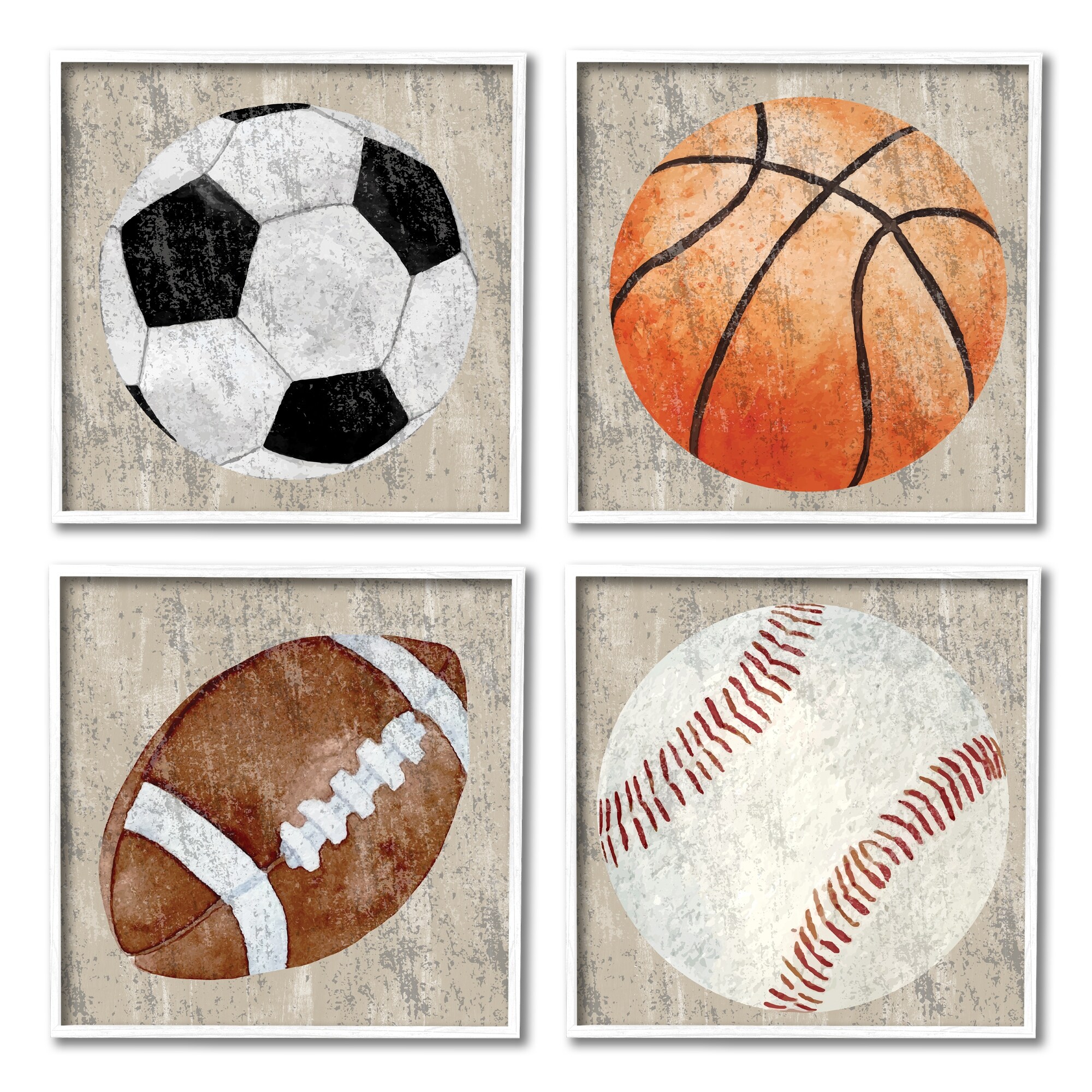 Stupell Various Rustic Sports Balls 4 Piece Framed Giclee Art Set Design by Kim Allen