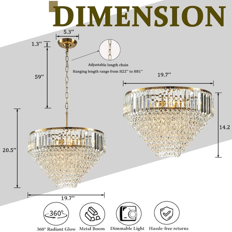 5 Lights 20" Modern Glam Antique Gold Crystal Tiered Flush Mount Luxury Ceiling Light For Dining Room & Bedroom & Entryway