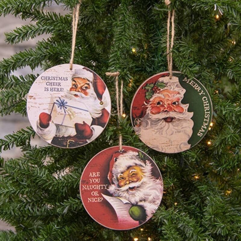 Vintage Santa Round Wooden Christmas Ornaments with Layered Design and Jute Hanger 3 Asstd. - 4" H x 4" W x .25" D