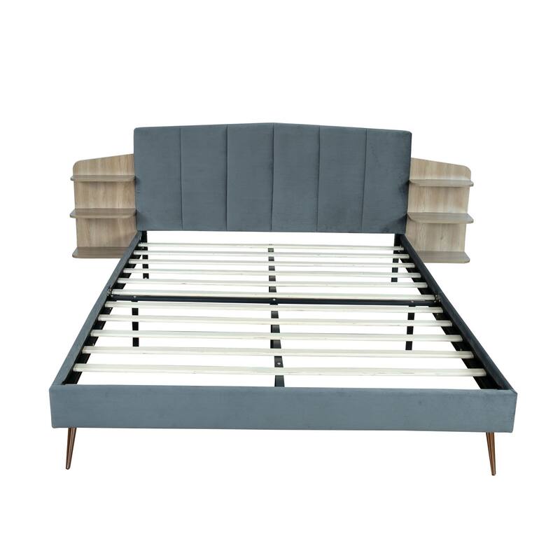 Alazyhome Upholstered Platform Bed Frame with Bedside Cupboard