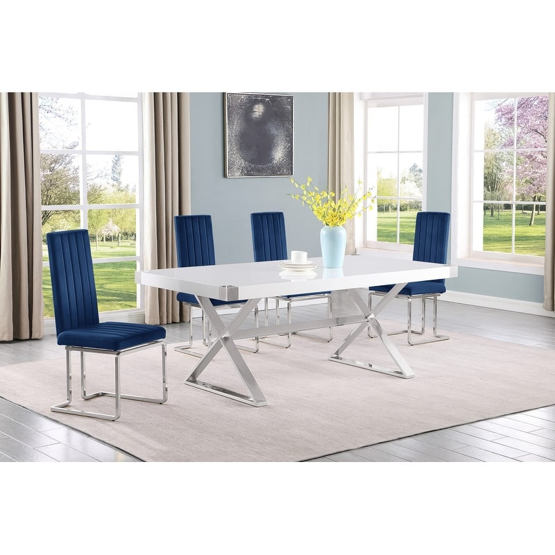 Best Quality Furniture D440/1-SC340-7 Dining Set with 78" White Lacquer Wood Top - 5-Piece - Navy Blue / Silver