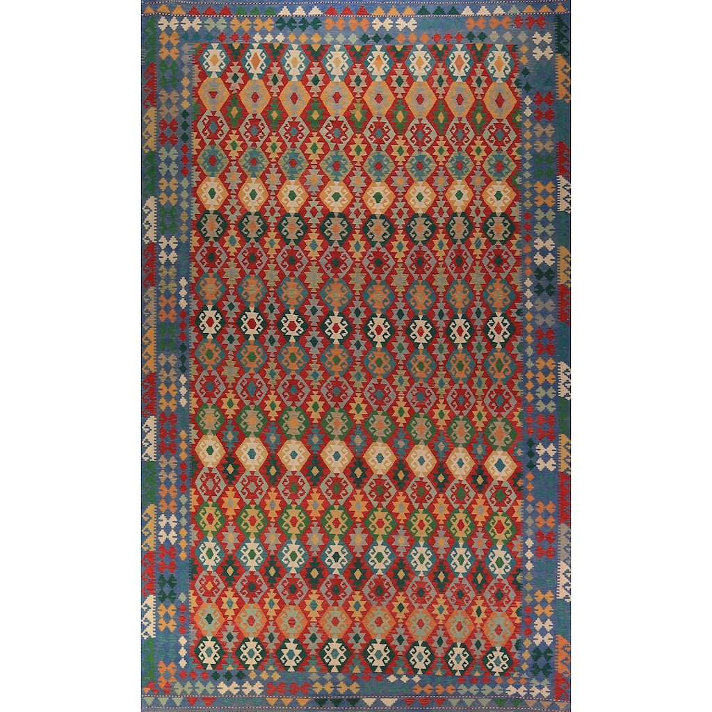 Geometric Kilim Large Rug Hand-Woven Oriental Wool Carpet - 10'2" x 16'1"