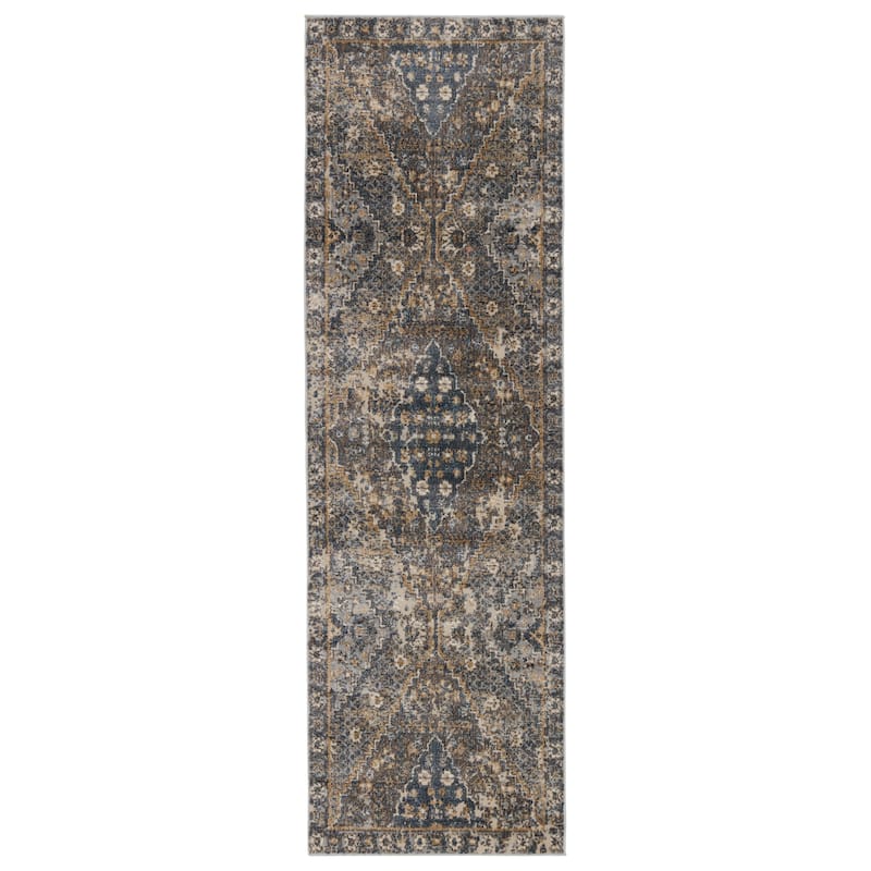Julia Indoor/ Outdoor Medallion Blue/ Gold Area Rug - 2'6"X8'