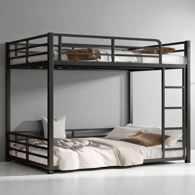 Metal Bunk Bed Twin XL/Full XL Over Full XL, Floor Bunk Frame with Guardrails, Heavy-Duty Noise-Free Design