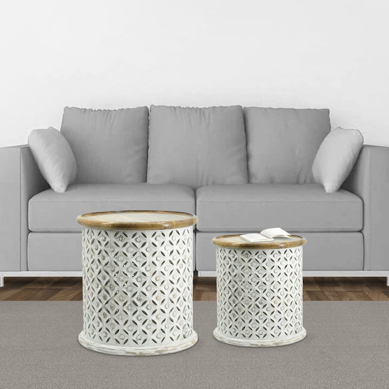 18, 16 Inch Accent Tables, Round, Mango Wood, Floral Cut Out, Brown, White - 34 H x 23 W x 23 L - White-Brown