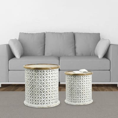 18, 16 Inch Accent Tables, Round, Mango Wood, Floral Cut Out, Brown, White - 34 H x 23 W x 23 L
