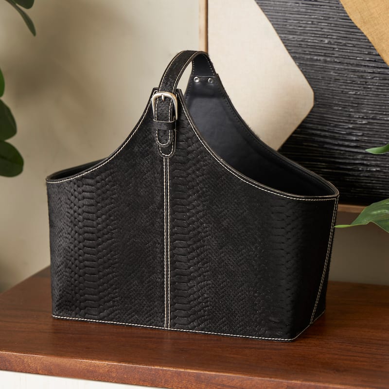 Brown, Dark Brown, Gray or Black Leather Handmade Box Style Single Slot Decorative Magazine Holder with Curved Buckle Handle