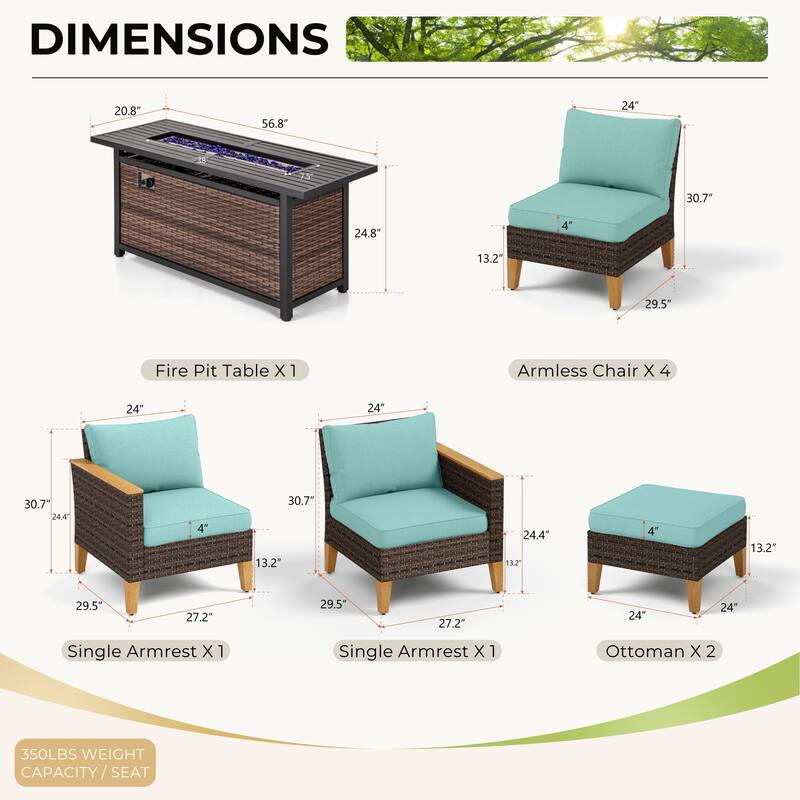 8-Piece Patio Outdoor Wicker Sectional Sofa Set, Large Seating Furniture Conversation Sets with Fire Pit Table