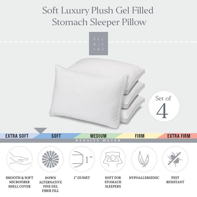 Ella Jayne Overstuffed Luxury Plush Medium/Firm Gel Filled Side/Back Sleeper Pillow, Set of 4