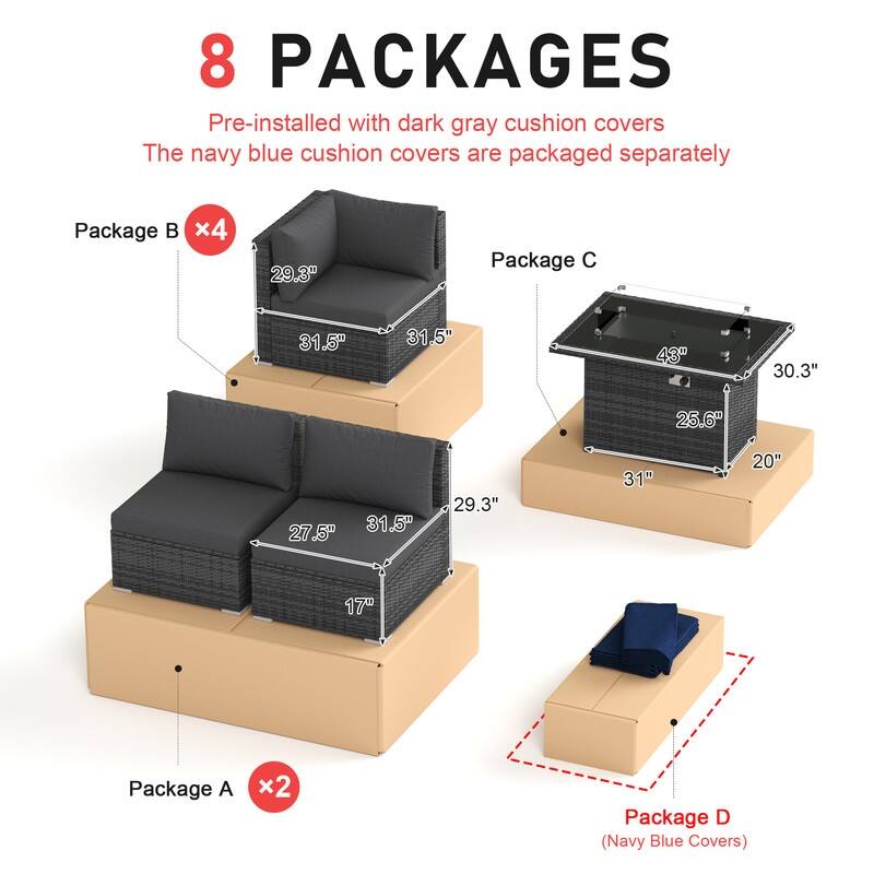 9-Piece Outdoor Wicker Patio Sectional Conversation Set with Fire Pit