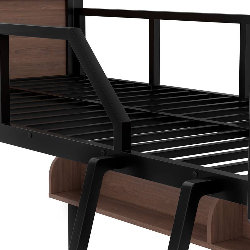 Twin over Full Bunk Bed, Metal Bunk Bed with Storage Shelves and Lights, Space-saving & Noise-free Design, Black