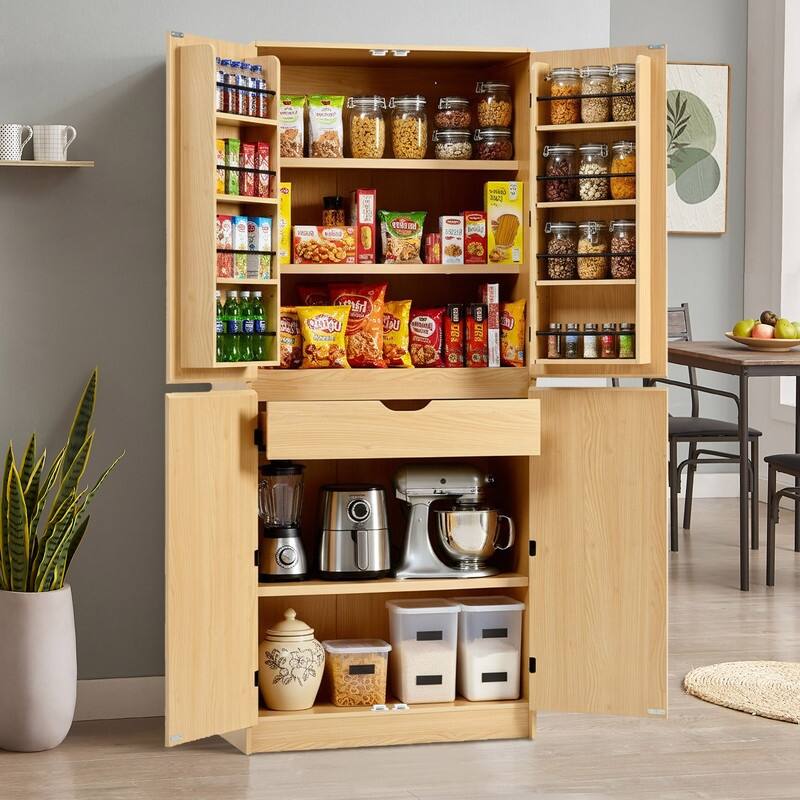 Farmhouse 72" Tall Kitchen Pantry Cabinet, Freestanding Curved Design with Adjustable Shelves and Hidden Drawer