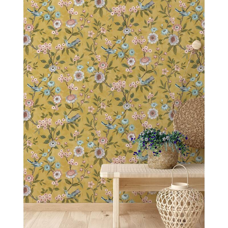 Fine Decor Elspeth Mustard Floral Trail Wallpaper