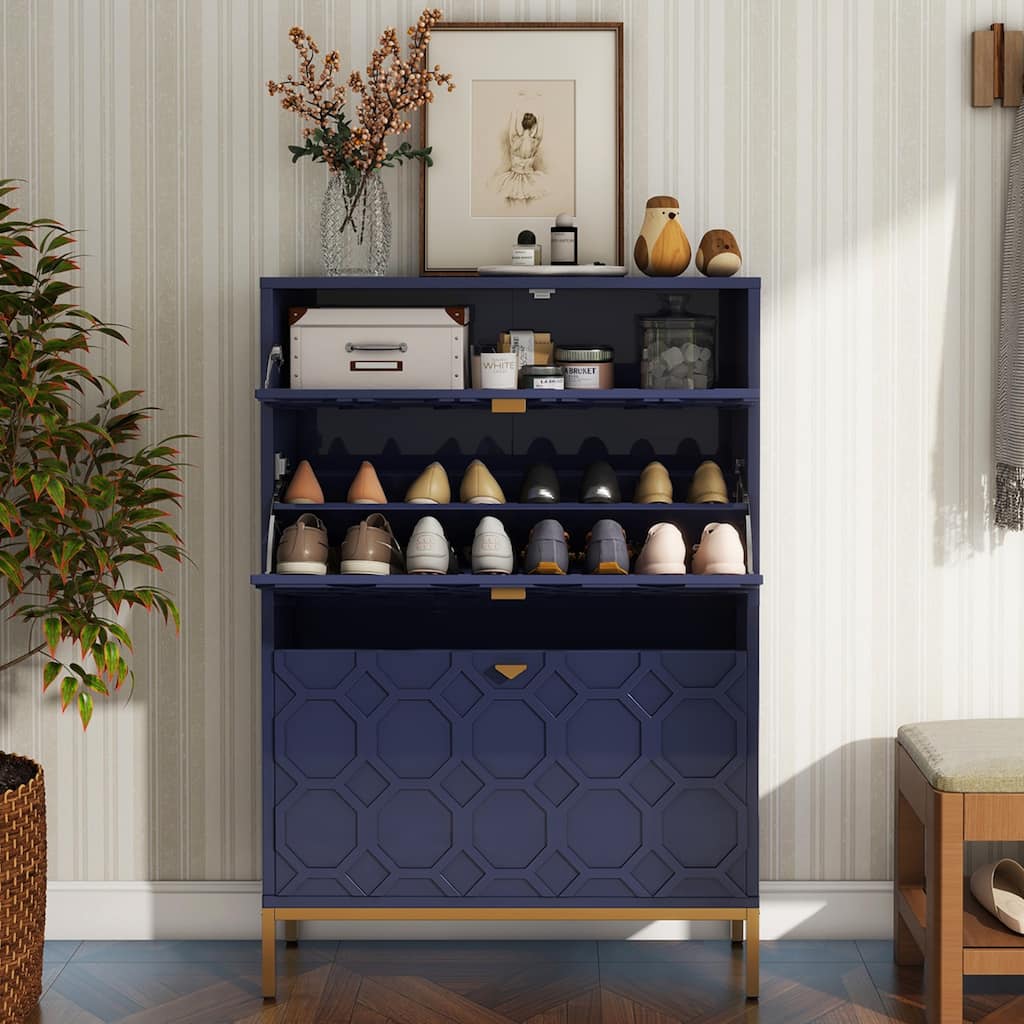 Clihome Shoe Organizer 24 Pairs Wood Shoe Storage Cabinet with Drawers