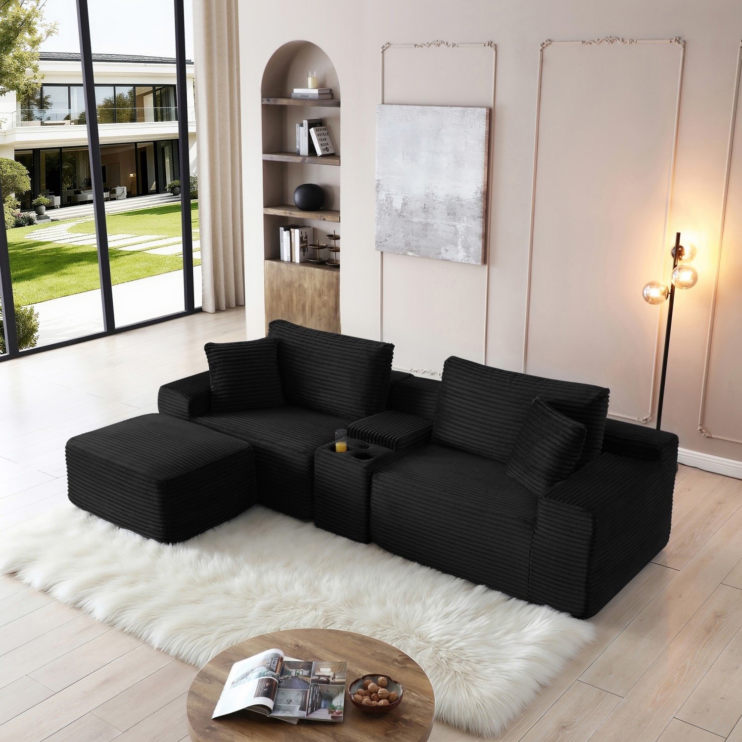 111" L-Shaped Corduroy Boneless Sectional Sofa with Ottoman