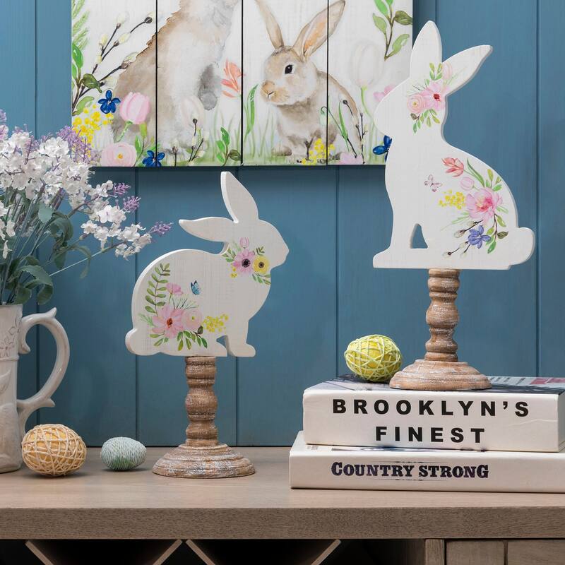Glitzhome Set of 2 Easter Wooden Bunny Table Decor Spring Gift